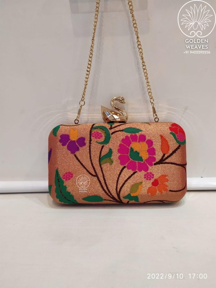 All Over Paithani Metal Clutch in Weaving of Jari Fabric With Diffrent Designs Alongwith Metal Sling