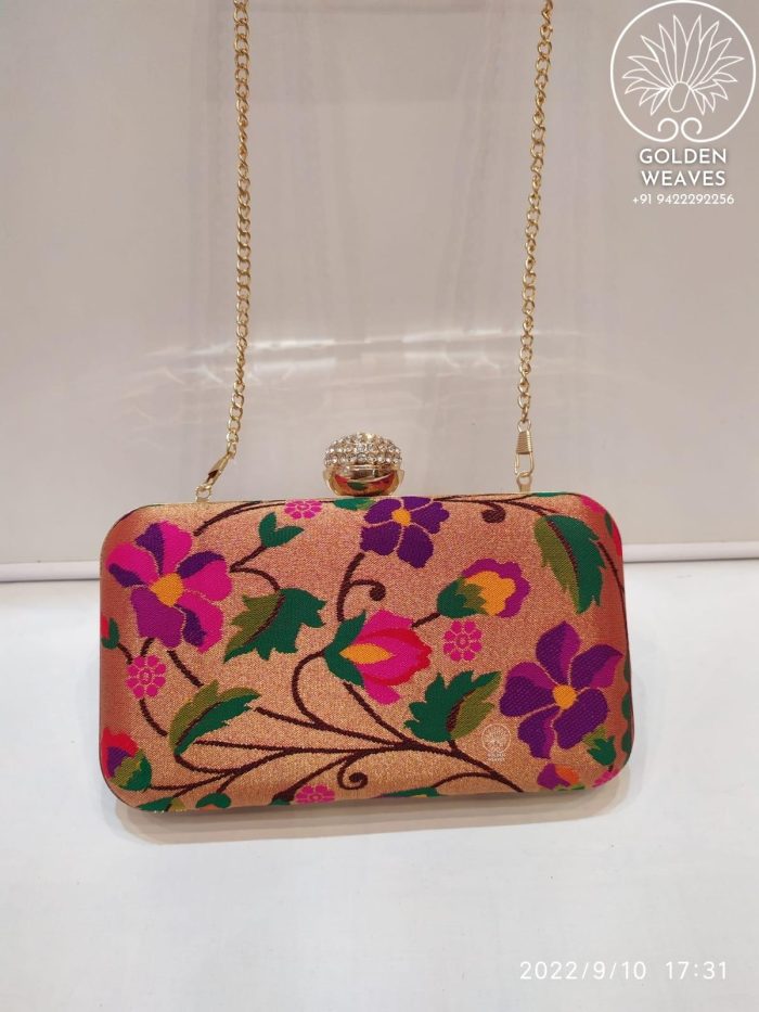 All Over Paithani Metal Clutch in Weaving of Jari Fabric With Diffrent Designs Alongwith Metal Sling