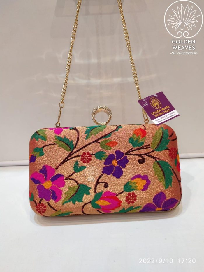 All Over Paithani Metal Clutch in Weaving of Jari Fabric With Diffrent Designs Alongwith Metal Sling