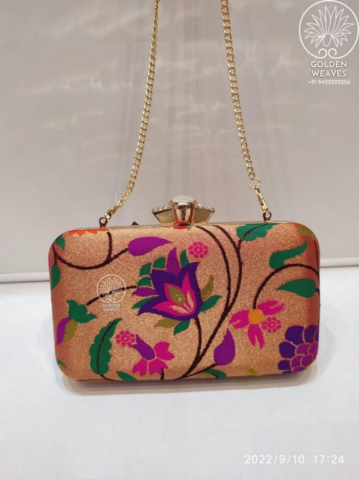 All Over Paithani Metal Clutch in Weaving of Jari Fabric With Diffrent Designs Alongwith Metal Sling