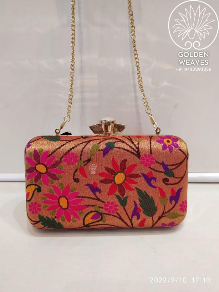 All Over Paithani Metal Clutch in Weaving of Jari Fabric With Diffrent Designs Alongwith Metal Sling