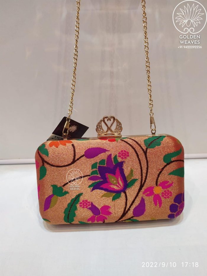 All Over Paithani Metal Clutch in Weaving of Jari Fabric With Diffrent Designs Alongwith Metal Sling