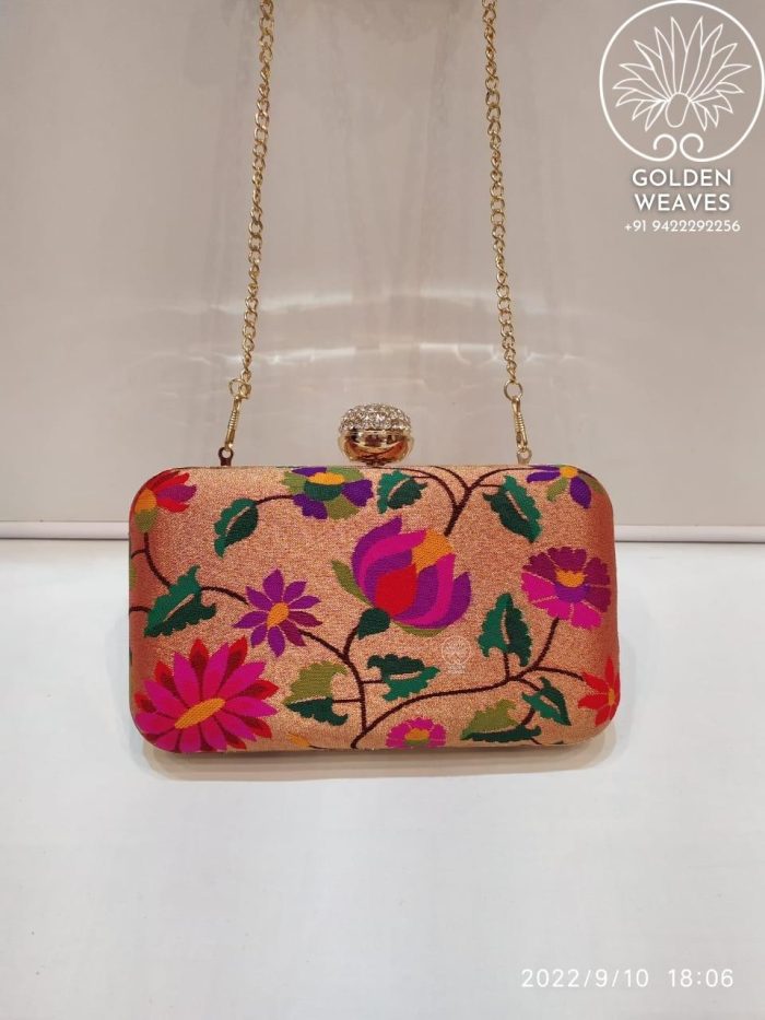 All Over Paithani Metal Clutch in Weaving of Jari Fabric With Diffrent Designs Alongwith Metal Sling