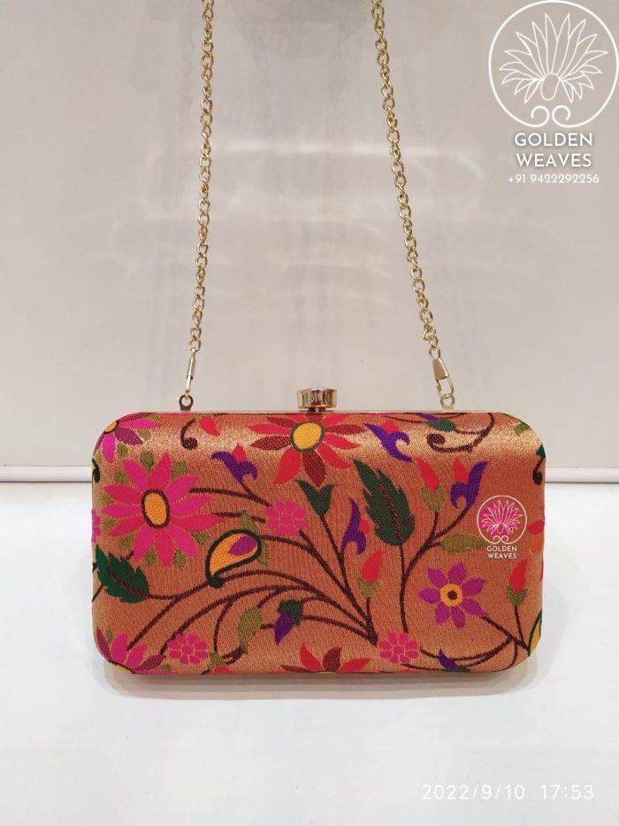 All Over Paithani Metal Clutch in Weaving of Jari Fabric With Diffrent Designs Alongwith Metal Sling