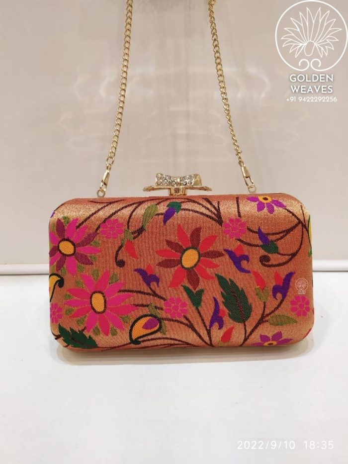All Over Paithani Metal Clutch in Weaving of Jari Fabric With Diffrent Designs Alongwith Metal Sling