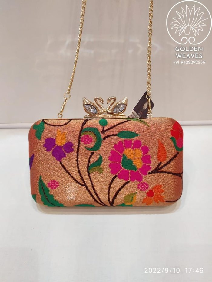 All Over Paithani Metal Clutch in Weaving of Jari Fabric With Diffrent Designs Alongwith Metal Sling
