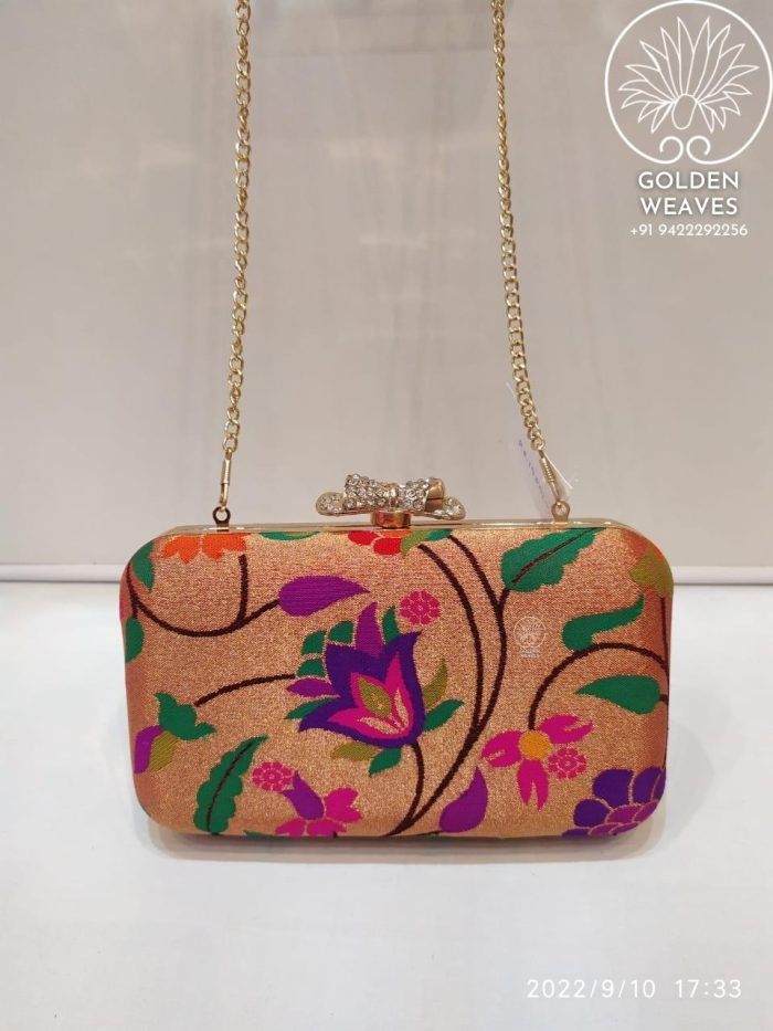 All Over Paithani Metal Clutch in Weaving of Jari Fabric With Diffrent Designs Alongwith Metal Sling