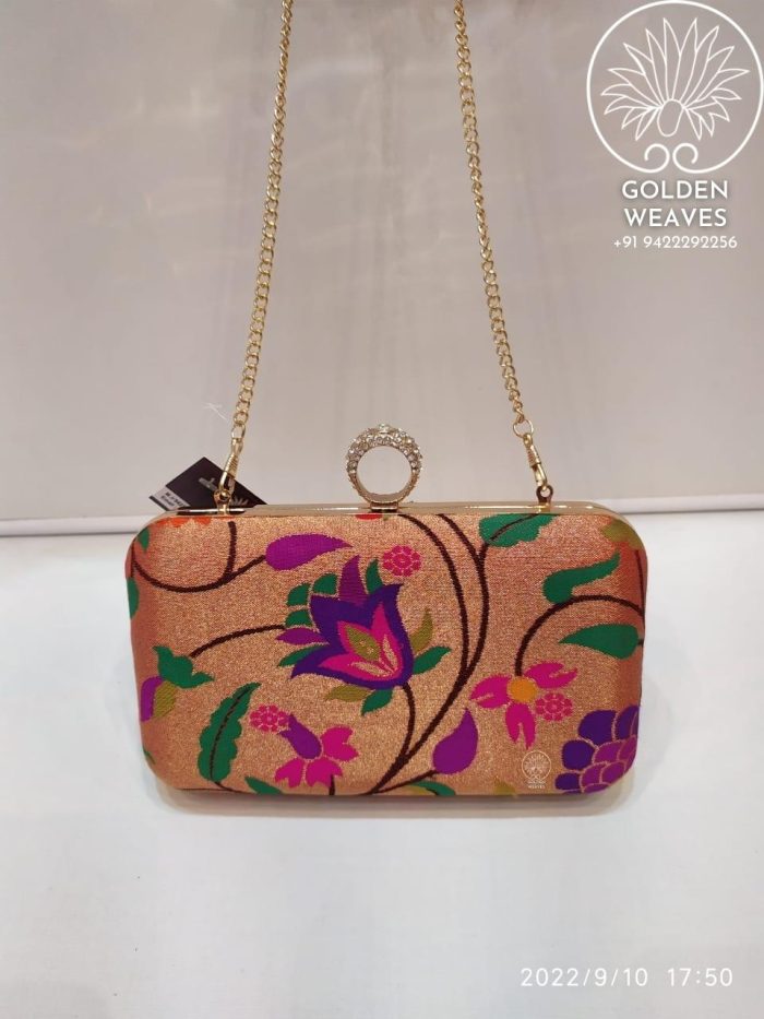 All Over Paithani Metal Clutch in Weaving of Jari Fabric With Diffrent Designs Alongwith Metal Sling