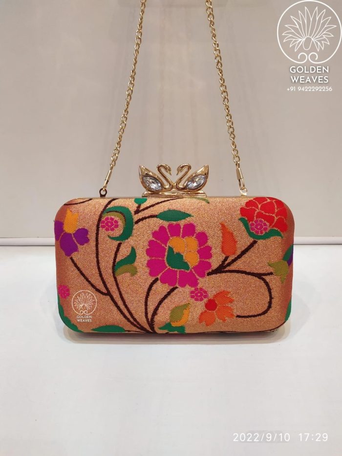 All Over Paithani Metal Clutch in Weaving of Jari Fabric With Diffrent Designs Alongwith Metal Sling