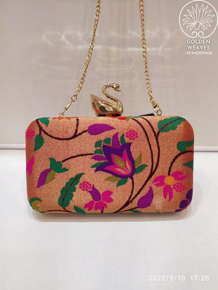 All Over Paithani Metal Clutch in Weaving of Jari Fabric With Diffrent Designs Alongwith Metal Sling