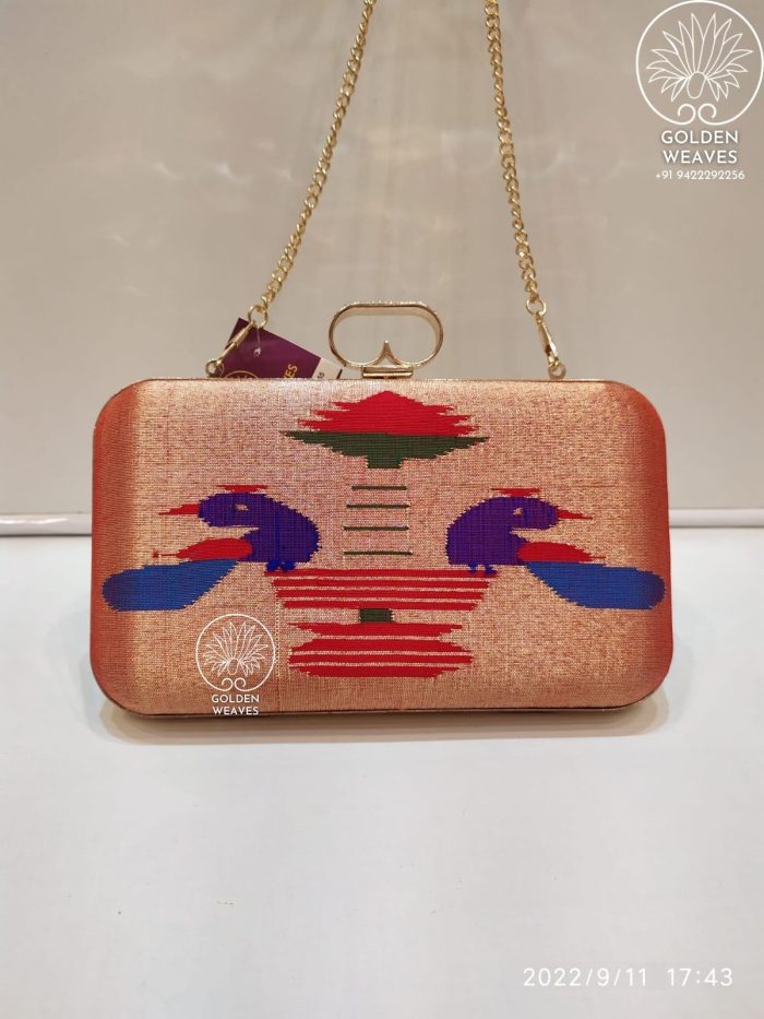 Pure Handloom Paithani Metal Frame Clutch With Peacock Design Alongwith Metal Sling