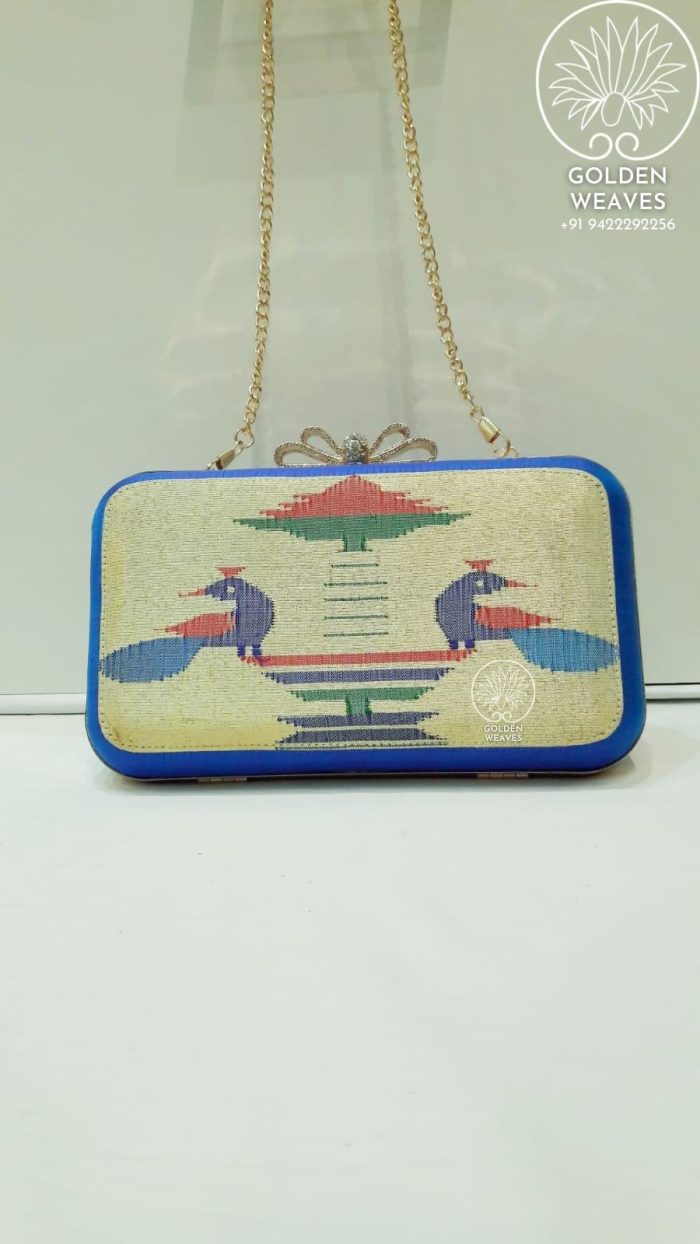 Pure Handloom Paithani Metal Frame Clutch With Peacock Design Alongwith Metal Sling