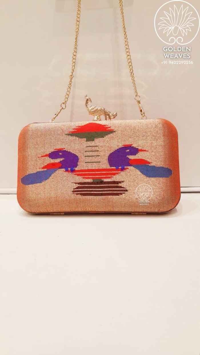 Pure Handloom Paithani Metal Frame Clutch With Peacock Design Alongwith Metal Sling