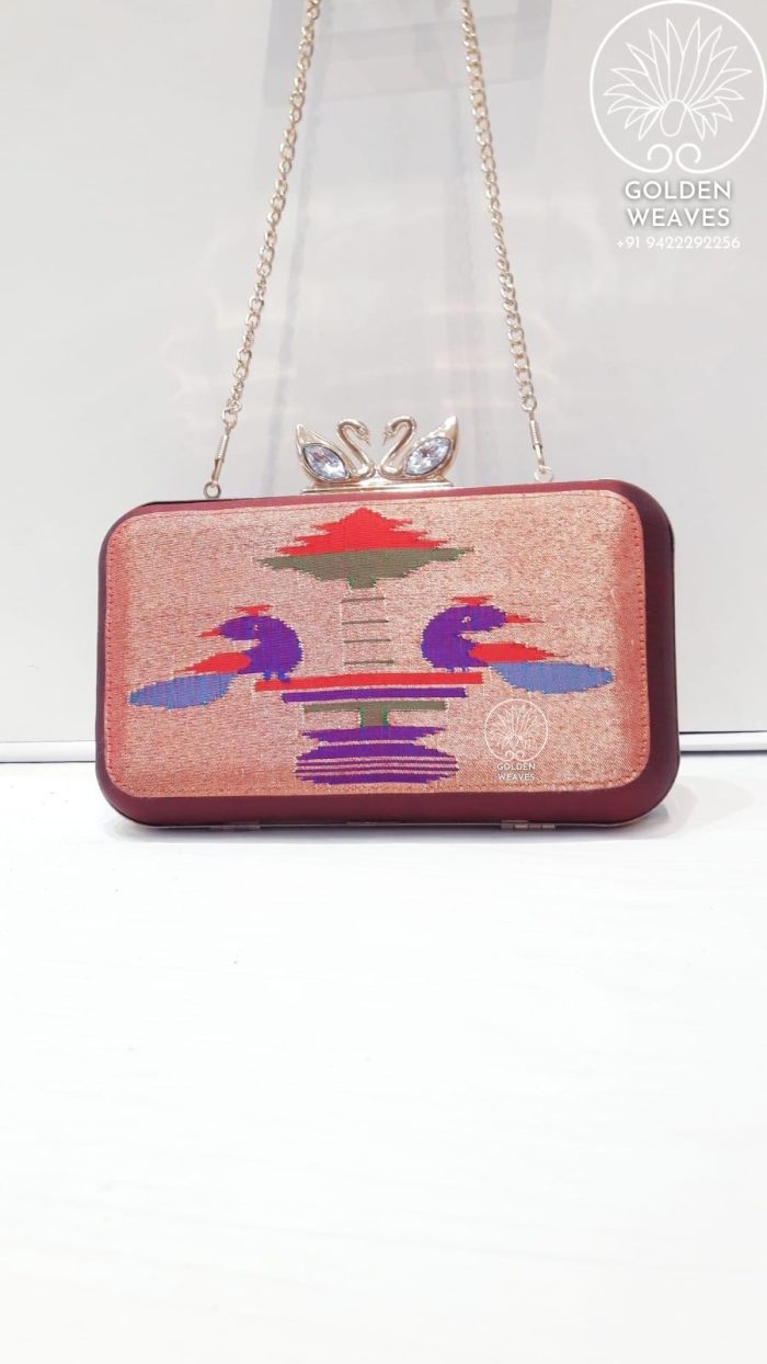 Pure Handloom Paithani Metal Frame Clutch With Peacock Design Alongwith Metal Sling