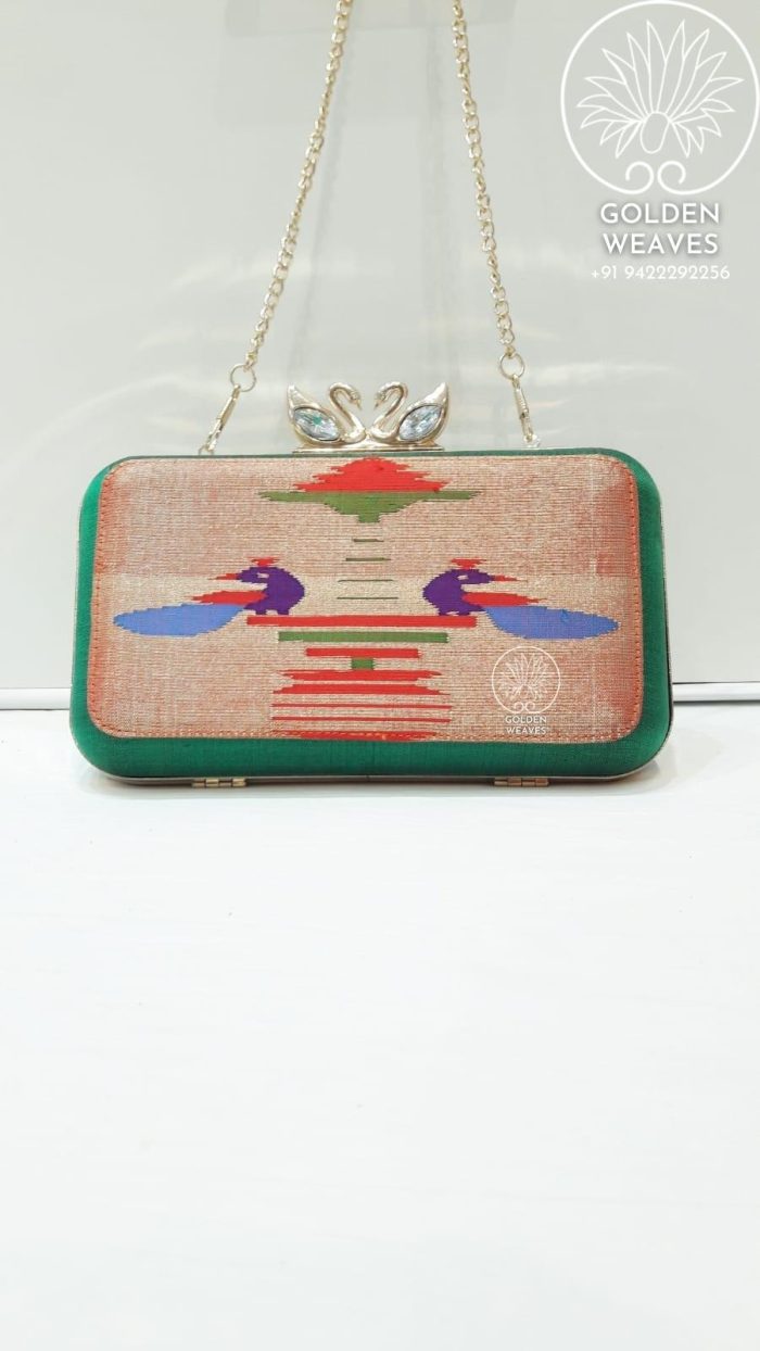 Pure Handloom Paithani Metal Frame Clutch With Peacock Design Alongwith Metal Sling