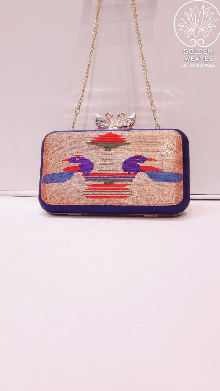 Pure Handloom Paithani Metal Frame Clutch With Peacock Design Alongwith Metal Sling