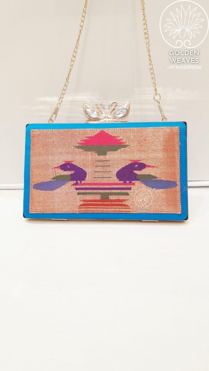 Pure Handloom Paithani Metal Frame Clutch With Peacock Design Alongwith Metal Sling