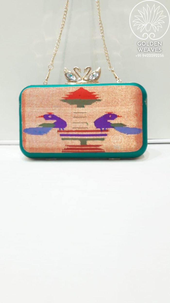 Pure Handloom Paithani Metal Frame Clutch With Peacock Design Alongwith Metal Sling