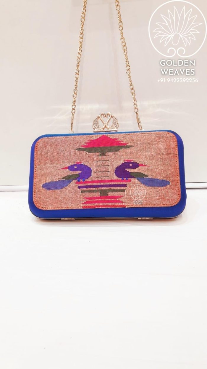 Pure Handloom Paithani Metal Frame Clutch With Peacock Design Alongwith Metal Sling