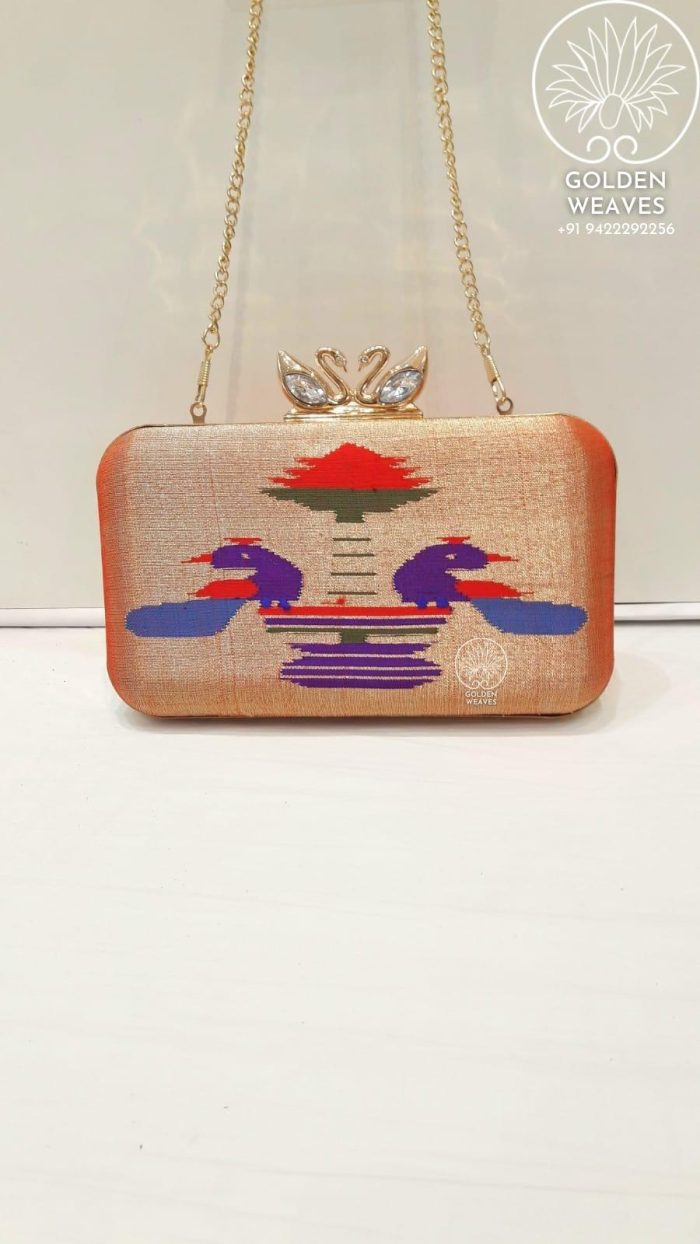 Pure Handloom Paithani Metal Frame Clutch With Peacock Design Alongwith Metal Sling