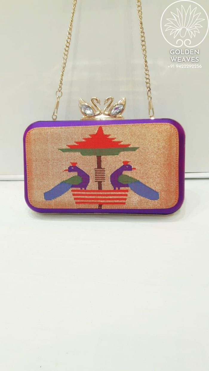 Pure Handloom Paithani Metal Frame Clutch With Peacock Design Alongwith Metal Sling