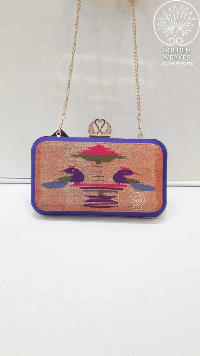 Pure Handloom Paithani Metal Frame Clutch With Peacock Design Alongwith Metal Sling