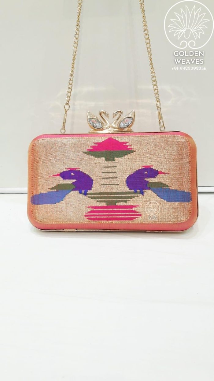 Pure Handloom Paithani Metal Frame Clutch With Peacock Design Alongwith Metal Sling