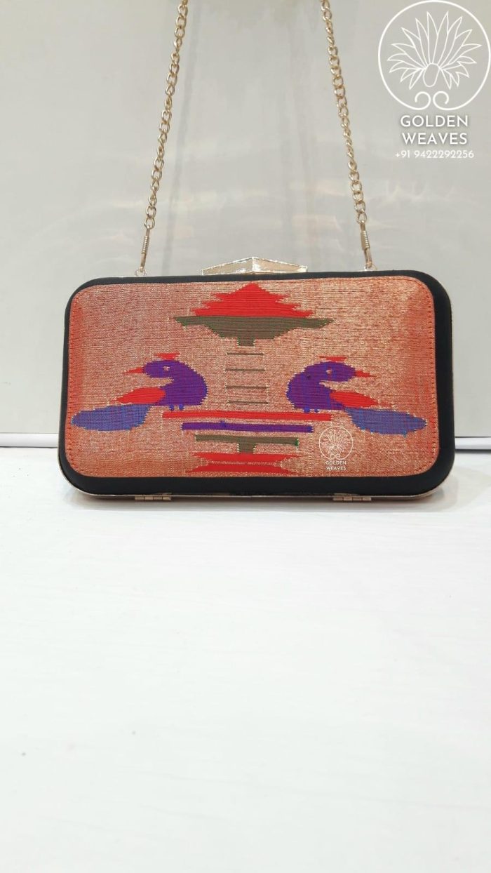 Pure Handloom Paithani Metal Frame Clutch With Peacock Design Alongwith Metal Sling