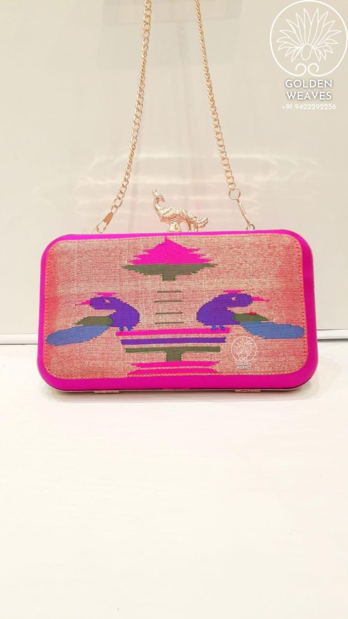 Pure Handloom Paithani Metal Frame Clutch With Peacock Design Alongwith Metal Sling