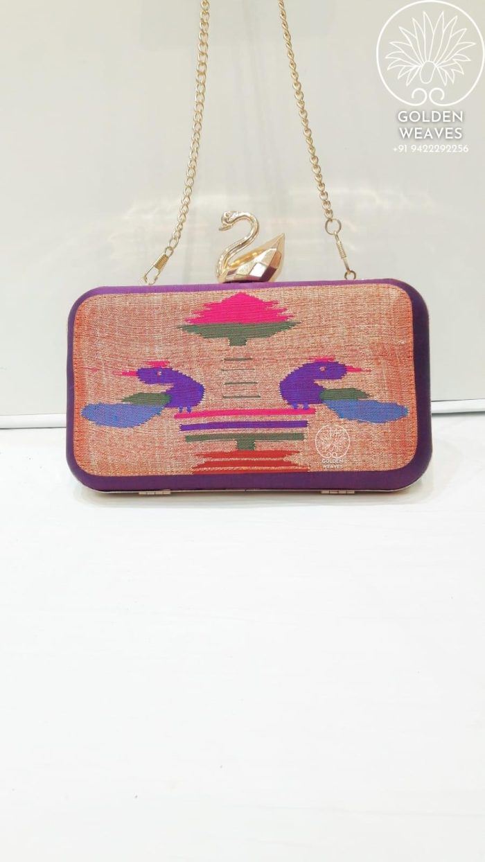 Pure Handloom Paithani Metal Frame Clutch With Peacock Design Alongwith Metal Sling