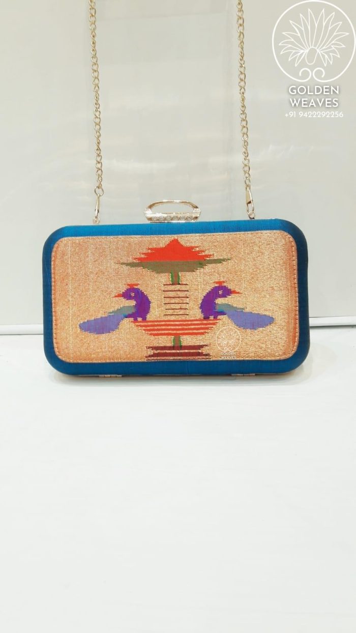 Pure Handloom Paithani Metal Frame Clutch With Peacock Design Alongwith Metal Sling