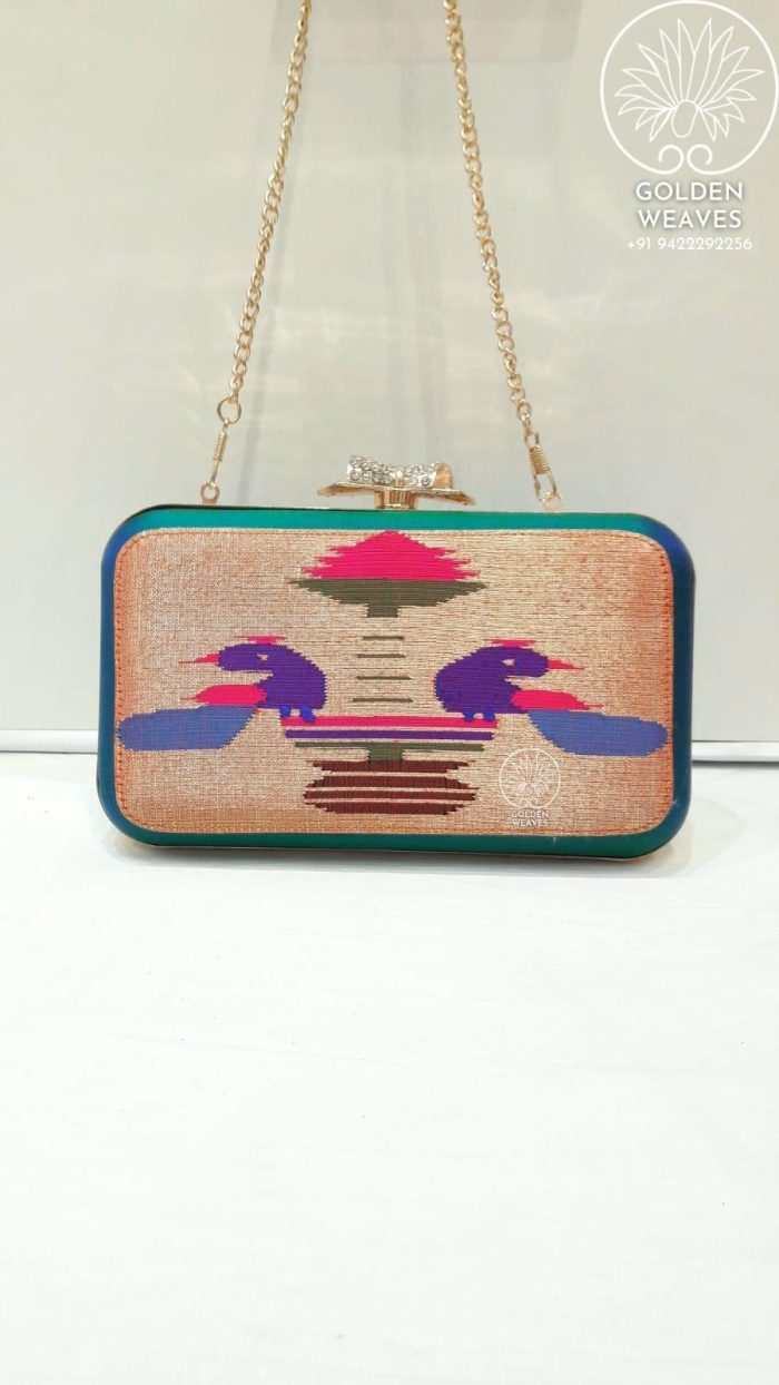 Pure Handloom Paithani Metal Frame Clutch With Peacock Design Alongwith Metal Sling