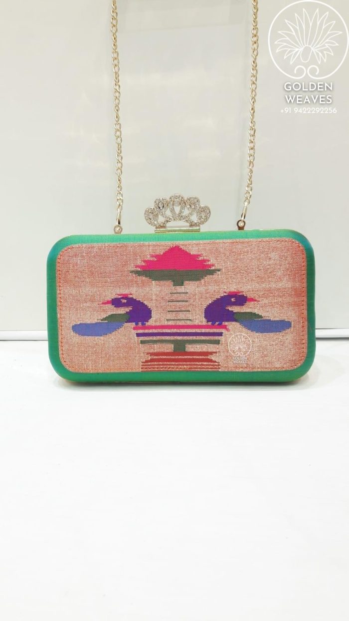 Pure Handloom Paithani Metal Frame Clutch With Peacock Design Alongwith Metal Sling
