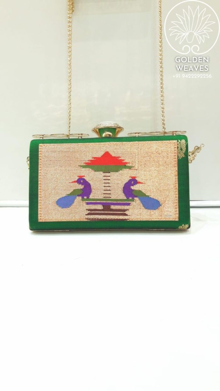 Pure Handloom Paithani Metal Frame Clutch With Peacock Design Alongwith Metal Sling