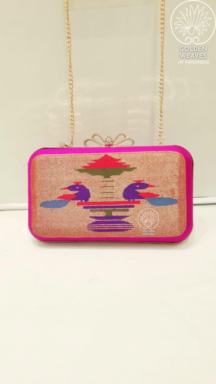 Pure Handloom Paithani Metal Frame Clutch With Peacock Design Alongwith Metal Sling