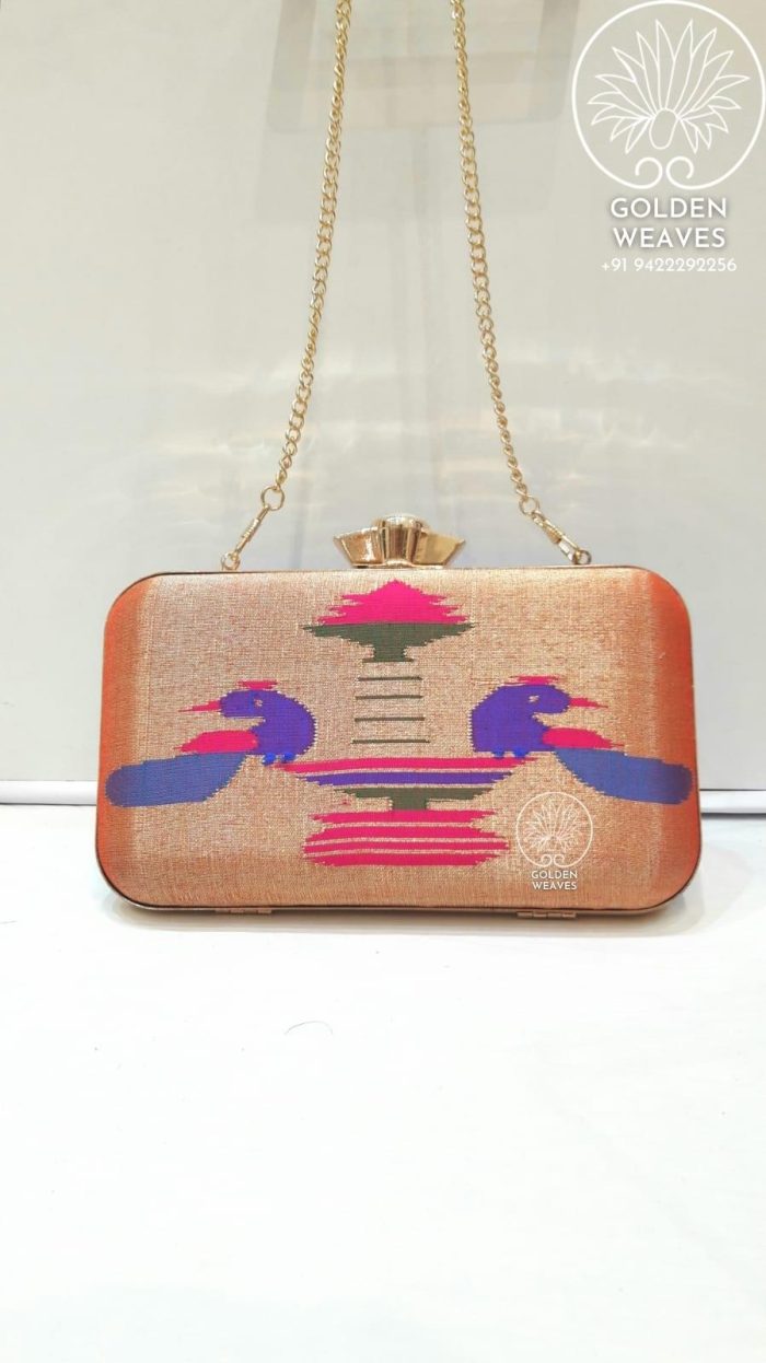 Pure Handloom Paithani Metal Frame Clutch With Peacock Design Alongwith Metal Sling
