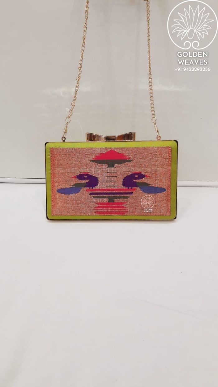 Pure Handloom Paithani Metal Frame Clutch With Peacock Design Alongwith Metal Sling