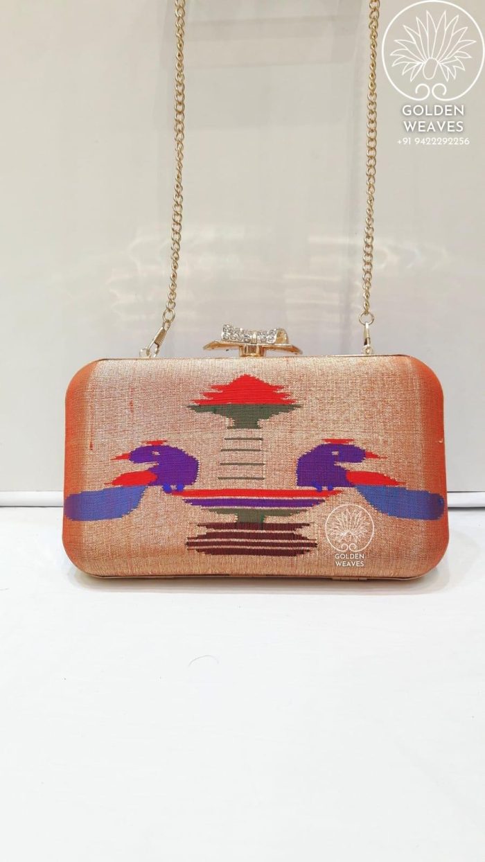 Pure Handloom Paithani Metal Frame Clutch With Peacock Design Alongwith Metal Sling