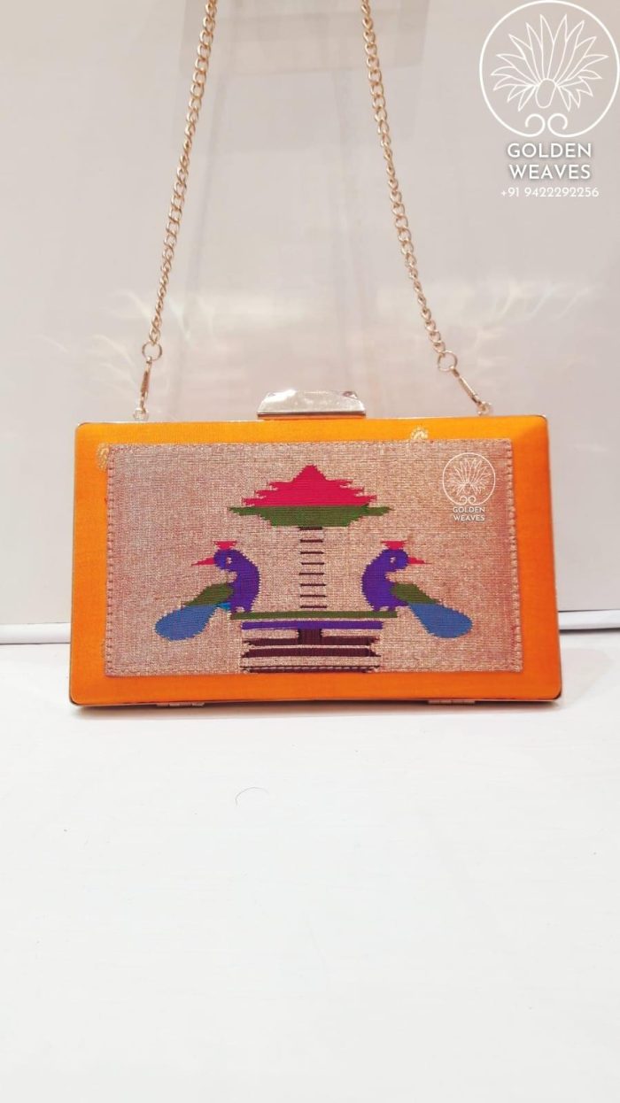 Pure Handloom Paithani Metal Frame Clutch With Peacock Design Alongwith Metal Sling