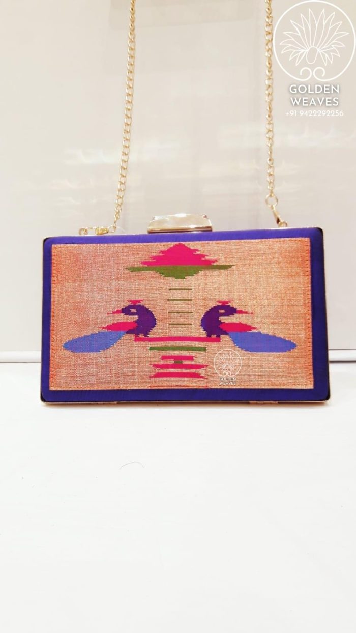 Pure Handloom Paithani Metal Frame Clutch With Peacock Design Alongwith Metal Sling