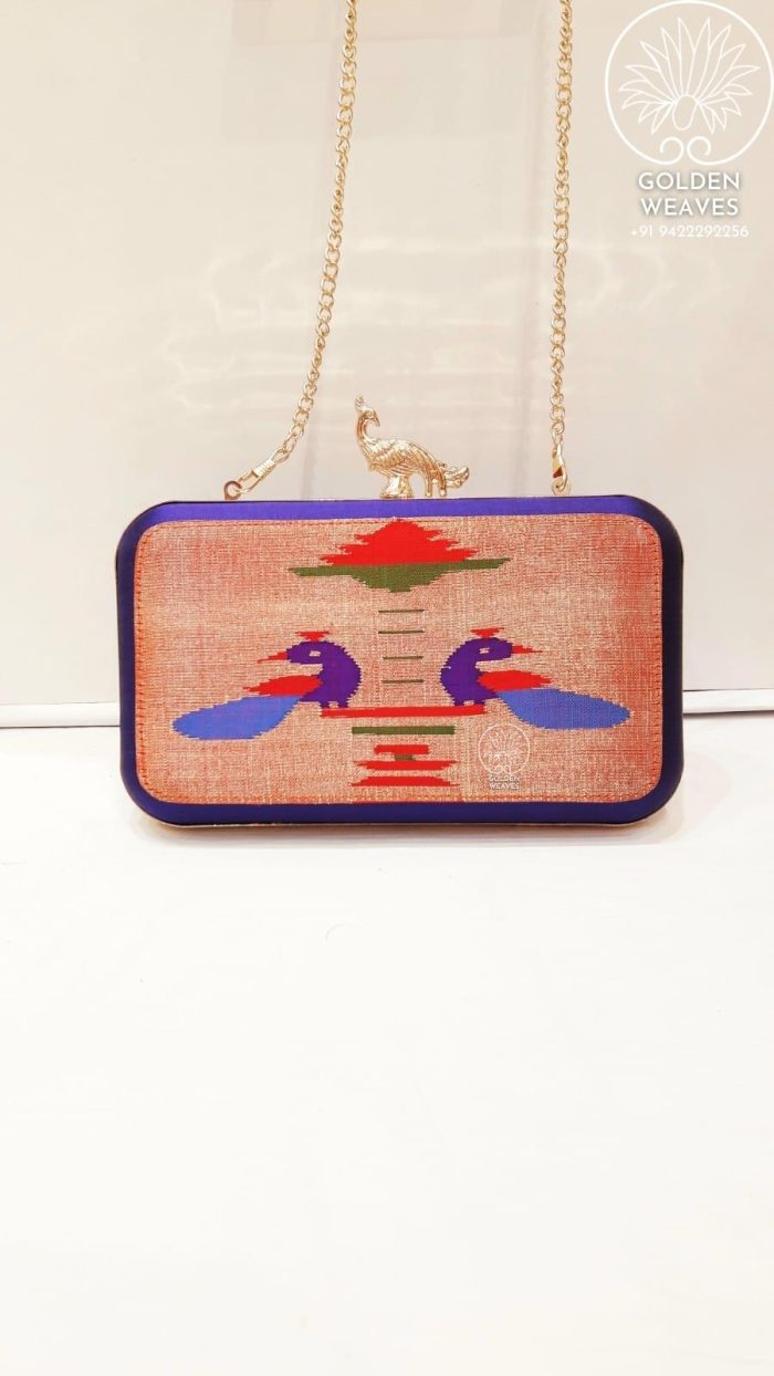 Pure Handloom Paithani Metal Frame Clutch With Peacock Design Alongwith Metal Sling