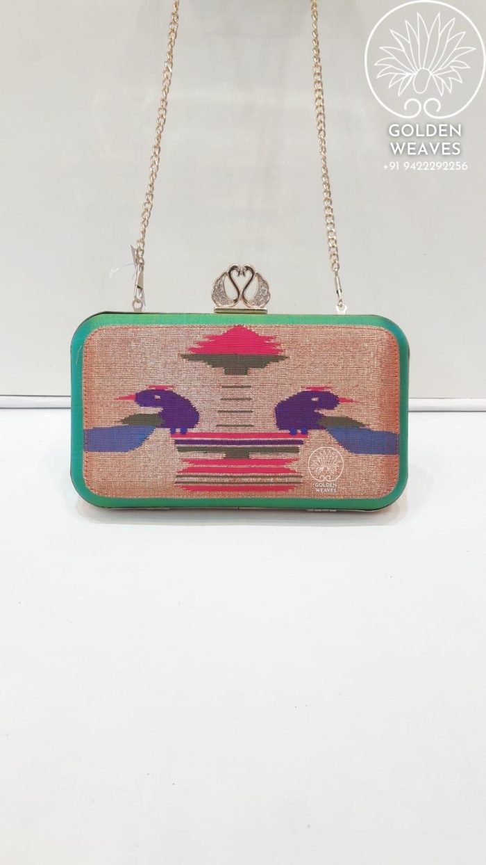 Pure Handloom Paithani Metal Frame Clutch With Peacock Design Alongwith Metal Sling
