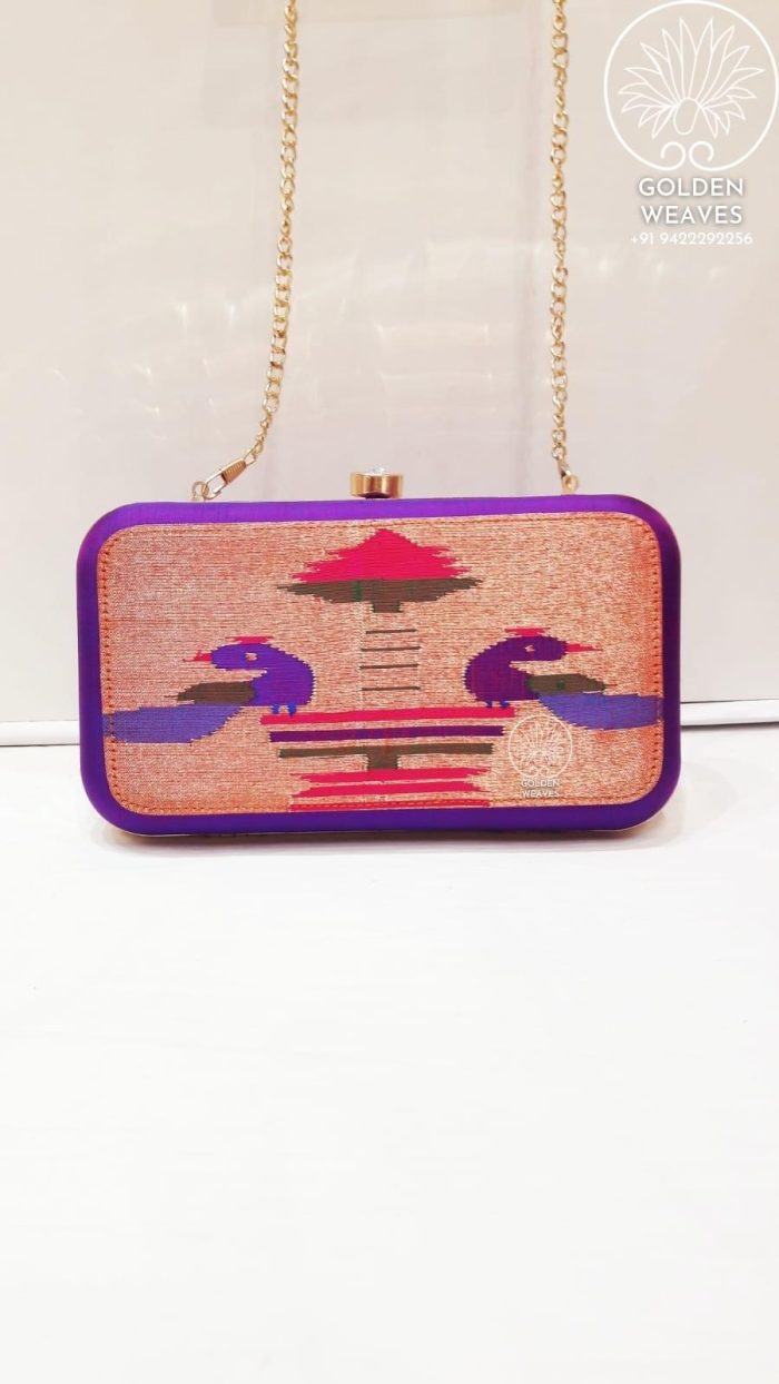Pure Handloom Paithani Metal Frame Clutch With Peacock Design Alongwith Metal Sling