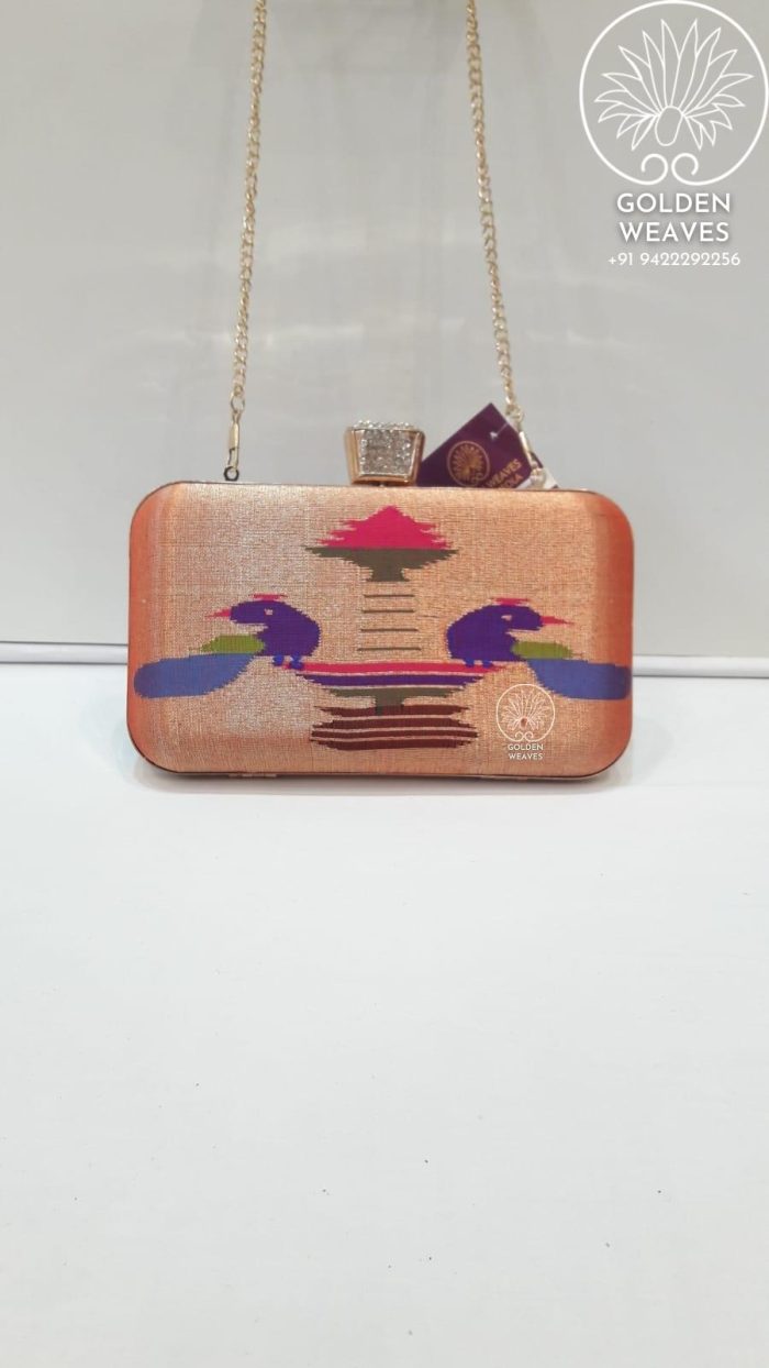 Pure Handloom Paithani Metal Frame Clutch With Peacock Design Alongwith Metal Sling