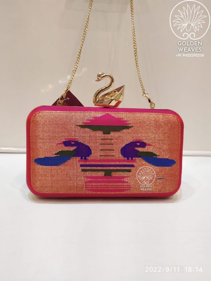 Pure Handloom Paithani Metal Frame Clutch With Peacock Design Alongwith Metal Sling
