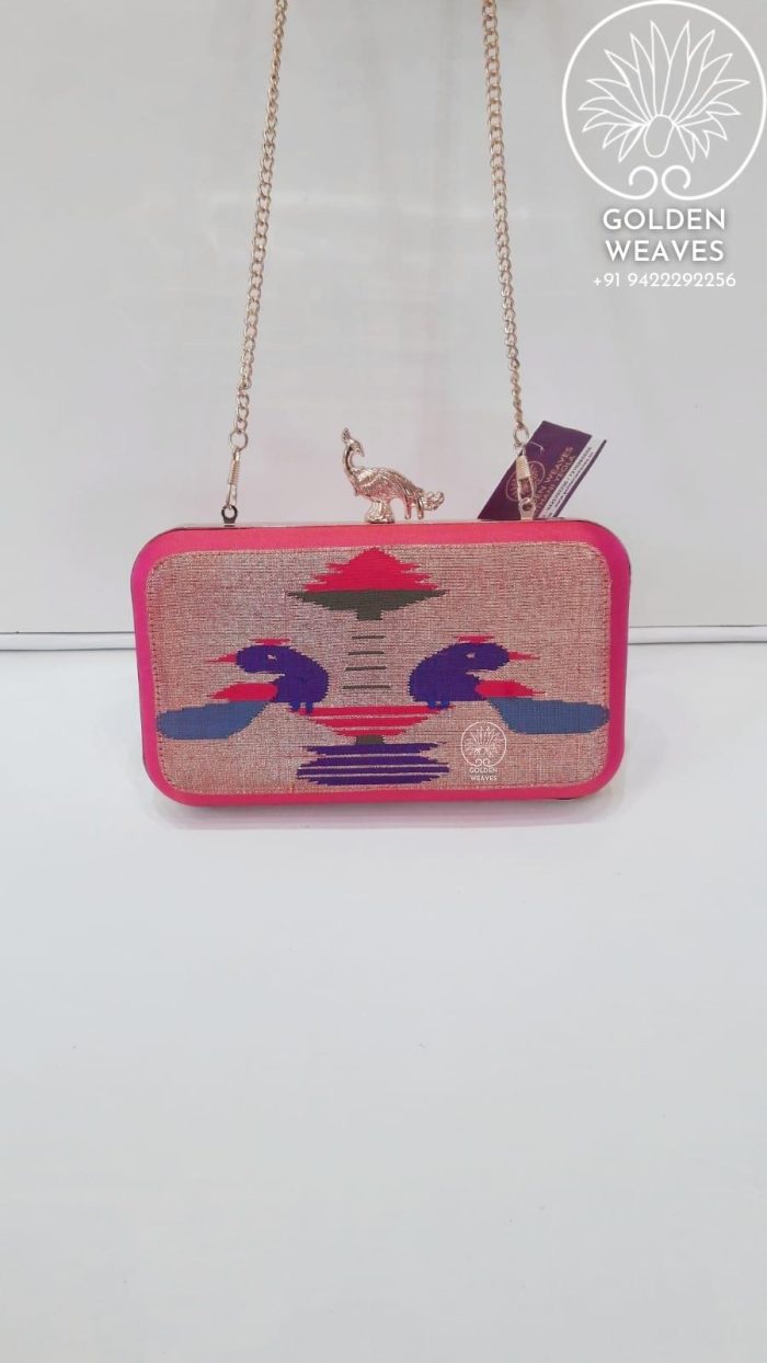 Pure Handloom Paithani Metal Frame Clutch With Peacock Design Alongwith Metal Sling