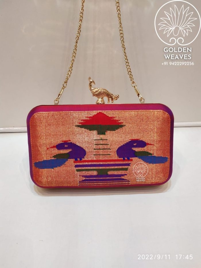 Pure Handloom Paithani Metal Frame Clutch With Peacock Design Alongwith Metal Sling