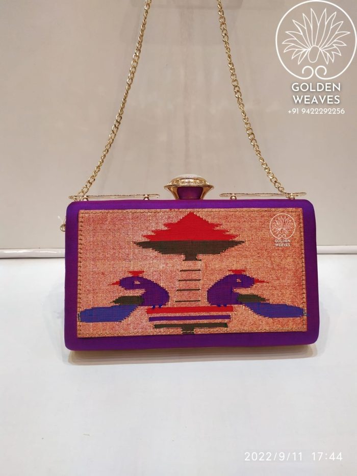Pure Handloom Paithani Metal Frame Clutch With Peacock Design Alongwith Metal Sling