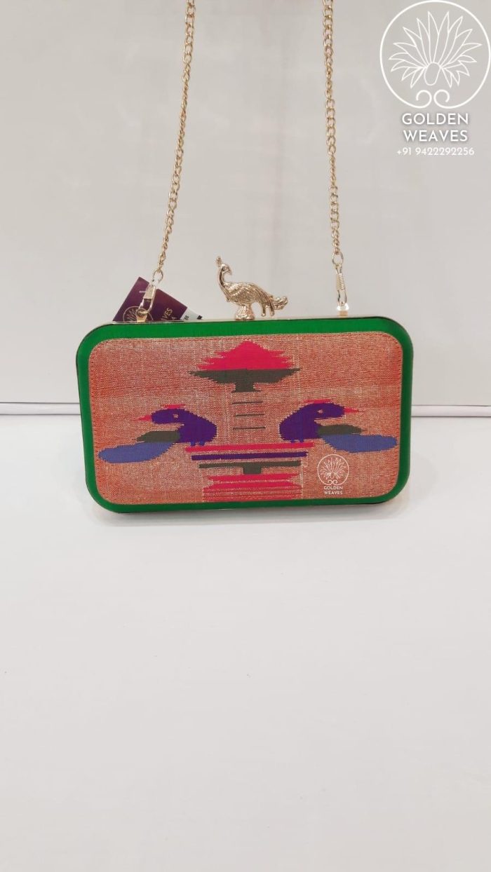 Pure Handloom Paithani Metal Frame Clutch With Peacock Design Alongwith Metal Sling
