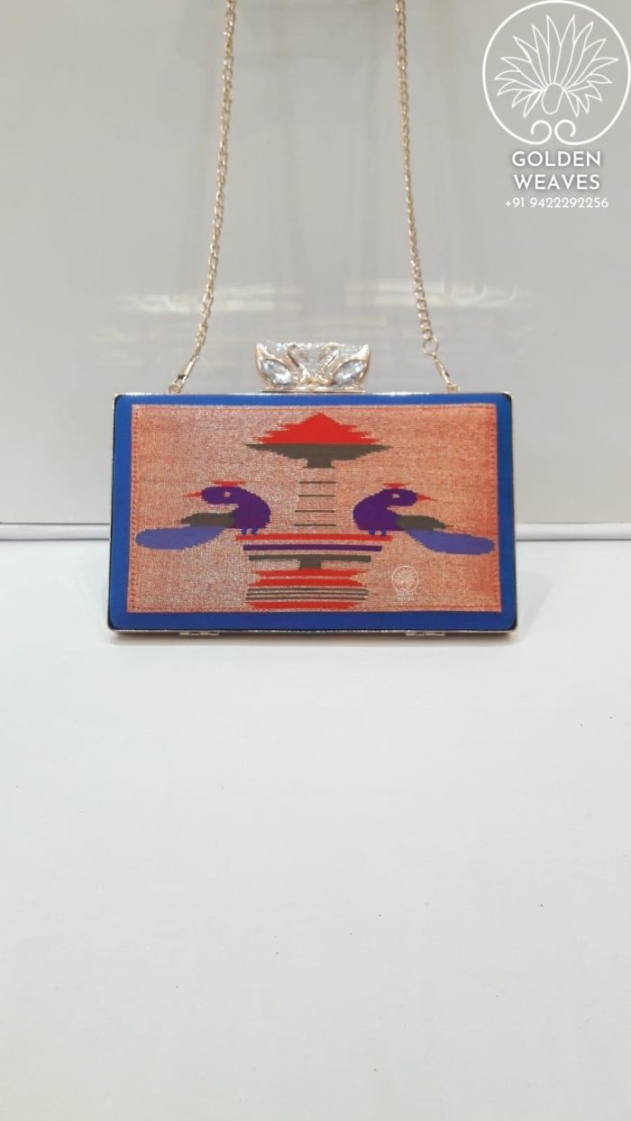 Pure Handloom Paithani Metal Frame Clutch With Peacock Design Alongwith Metal Sling